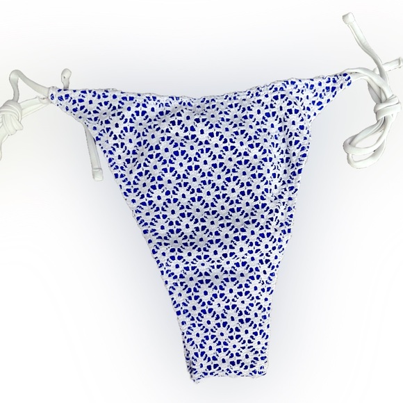 White Crochet Blue Underlay Pearl Accents Side Tie Bikini Set - Picture 6 of 12